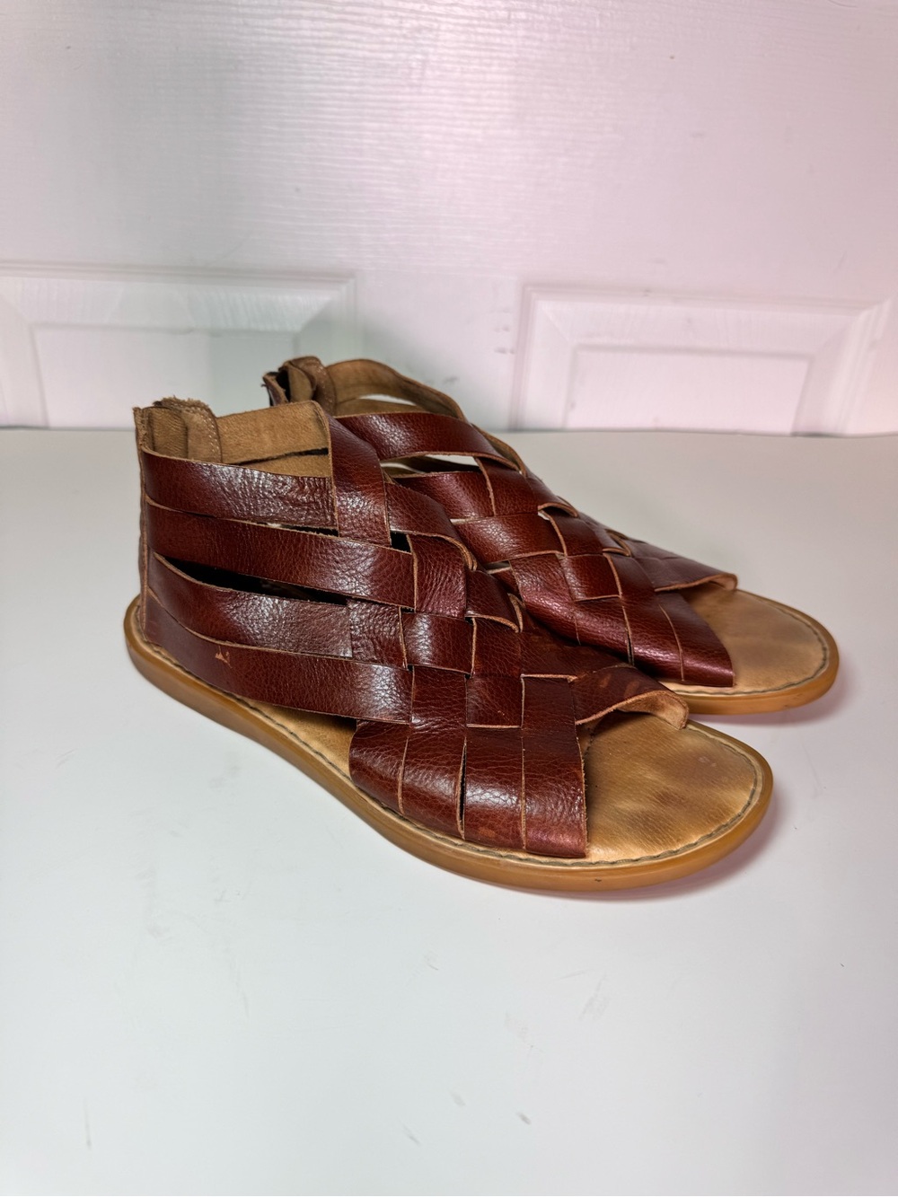 Børn Iwa Brown Leather Woven Gladiator Ankle Zip Sandals Size 8M